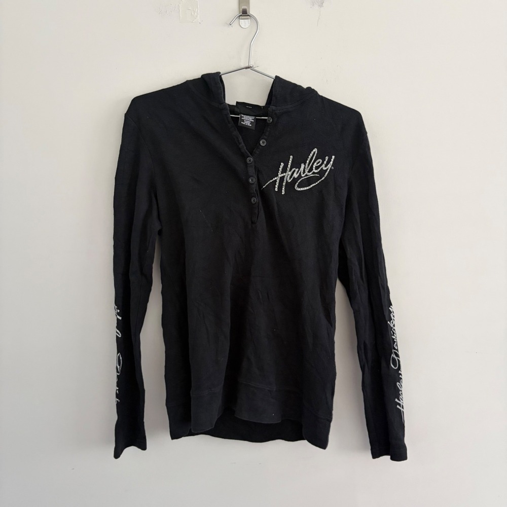 Harley Davidson Womens Black Waffle Knit Henley Hoodie Rhinestone Graphic